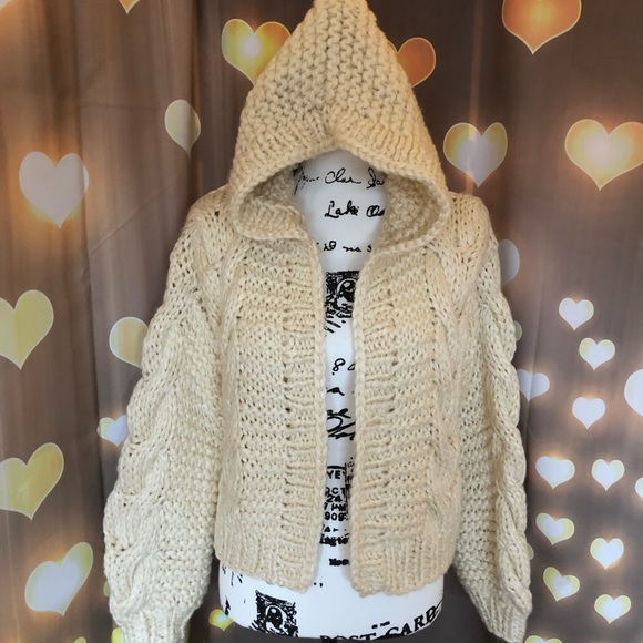 Chunky knit cardigan cream cable knit hoodie sweater womens long sleeve thick - Picture 14 of 15